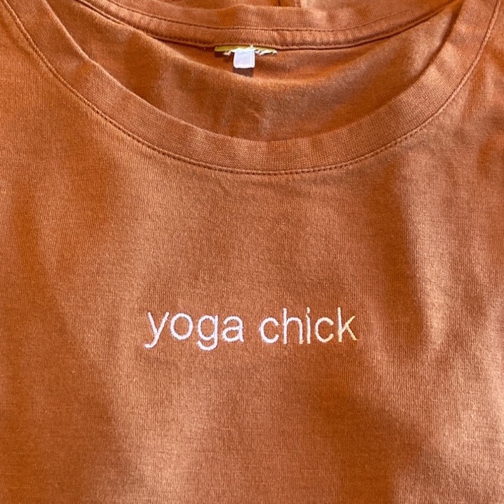 Embroidered/Bamboo and Organic Cotton “yoga chick”short sleeve,burnt orange,  XS